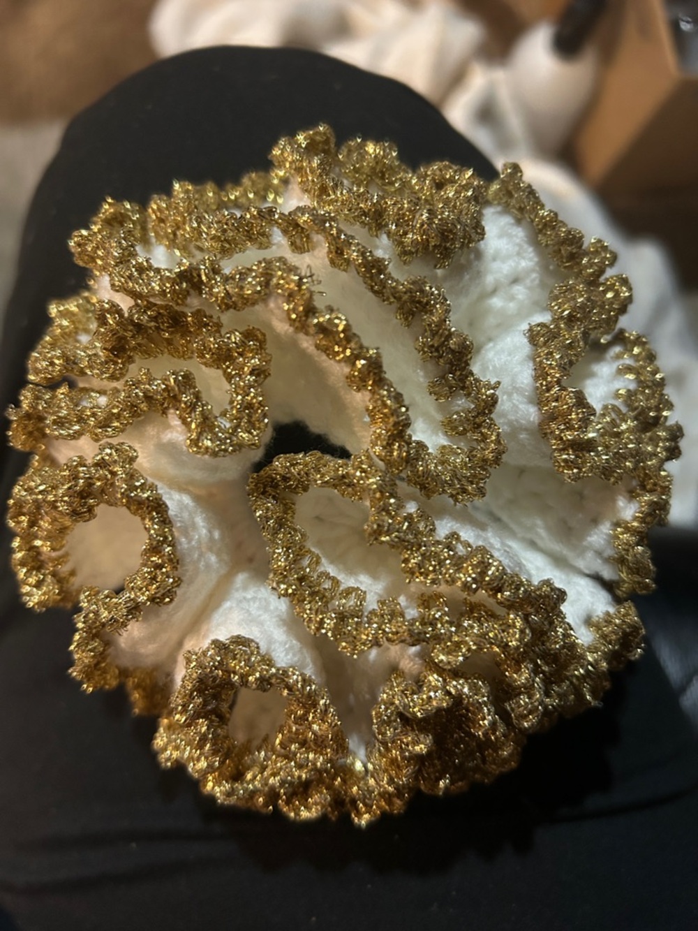 Hand Crafted White and Gold Ruffled Crochet Hair Scrunchie